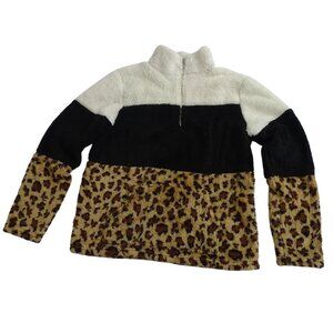 Le Moda Colorblock Sherpa 1/4 Zip Pullover Jacket Women Size M Leopard Print
